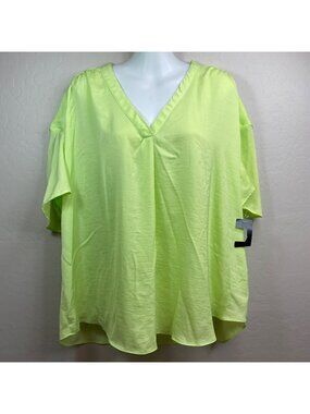 Alfani Womens Blouse Lime Green Solid V-Neck Lightweight Flowy Size XXL